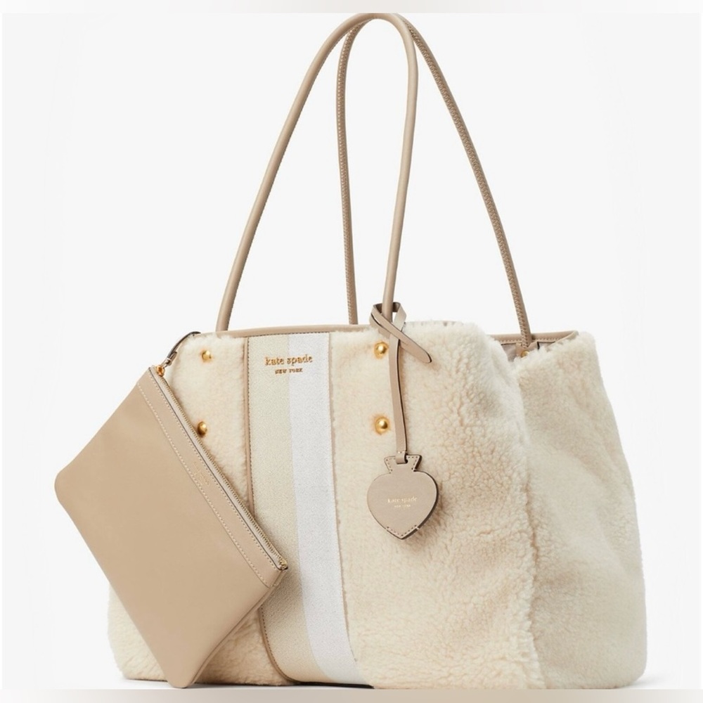 Kate Spade  Everything Racing Stripe Faux Shearling Large Tote - Cream Multi